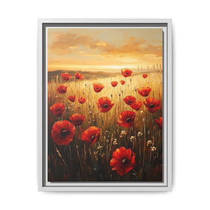 Poppy Field wall art framed canvas print in a white wood frame