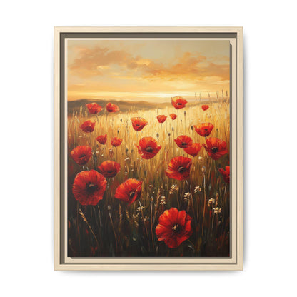 Poppy Field wall art framed canvas print in a natural wood frame