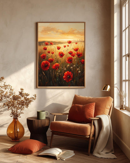 Poppy meadow framed canvas painted on cotton canvas, framed in solid wood