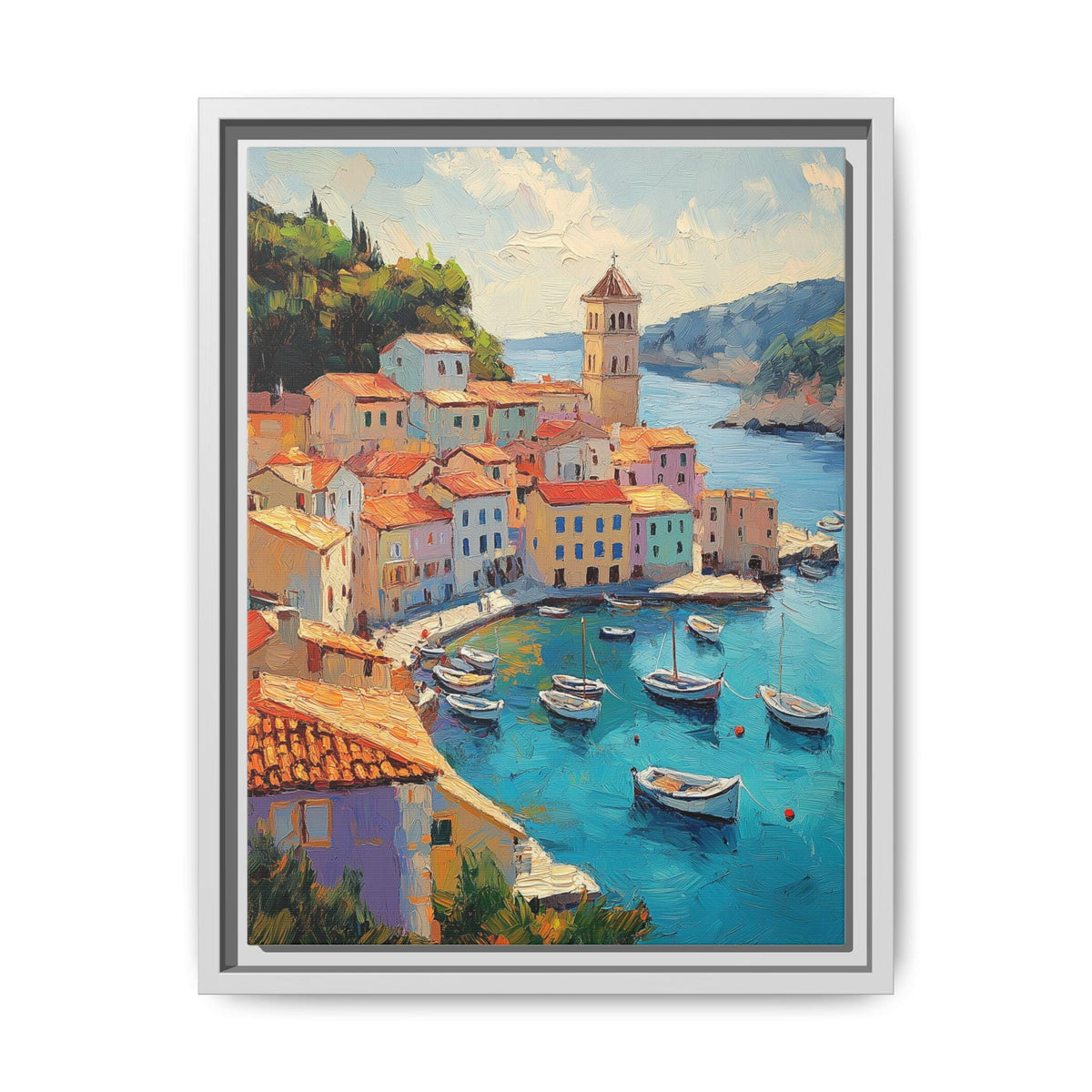 Rovinj wall art framed canvas print in a white wood frame