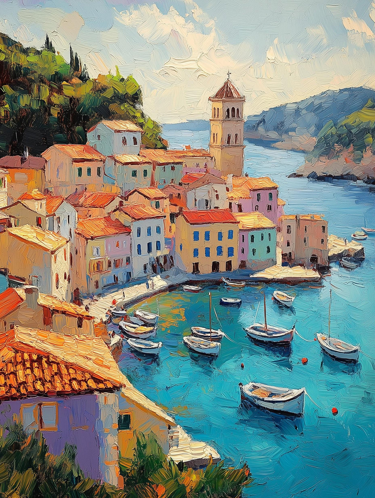 Painterly Rovinj canvas print of the old harbor with small boats on calm water