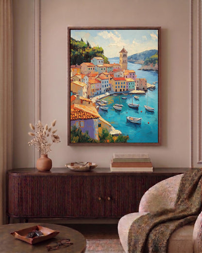 Adriatic town oil-painting style print on cotton canvas, made to order in seven sizes