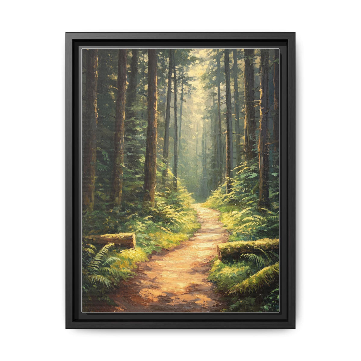 Oregon Forest wall art framed canvas print in a black wood frame