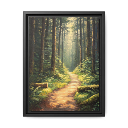 Oregon Forest wall art framed canvas print in a black wood frame