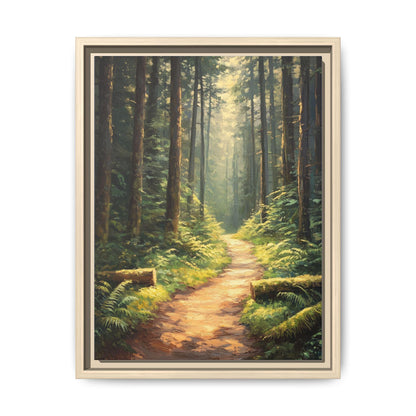 Oregon Forest wall art framed canvas print in a natural wood frame
