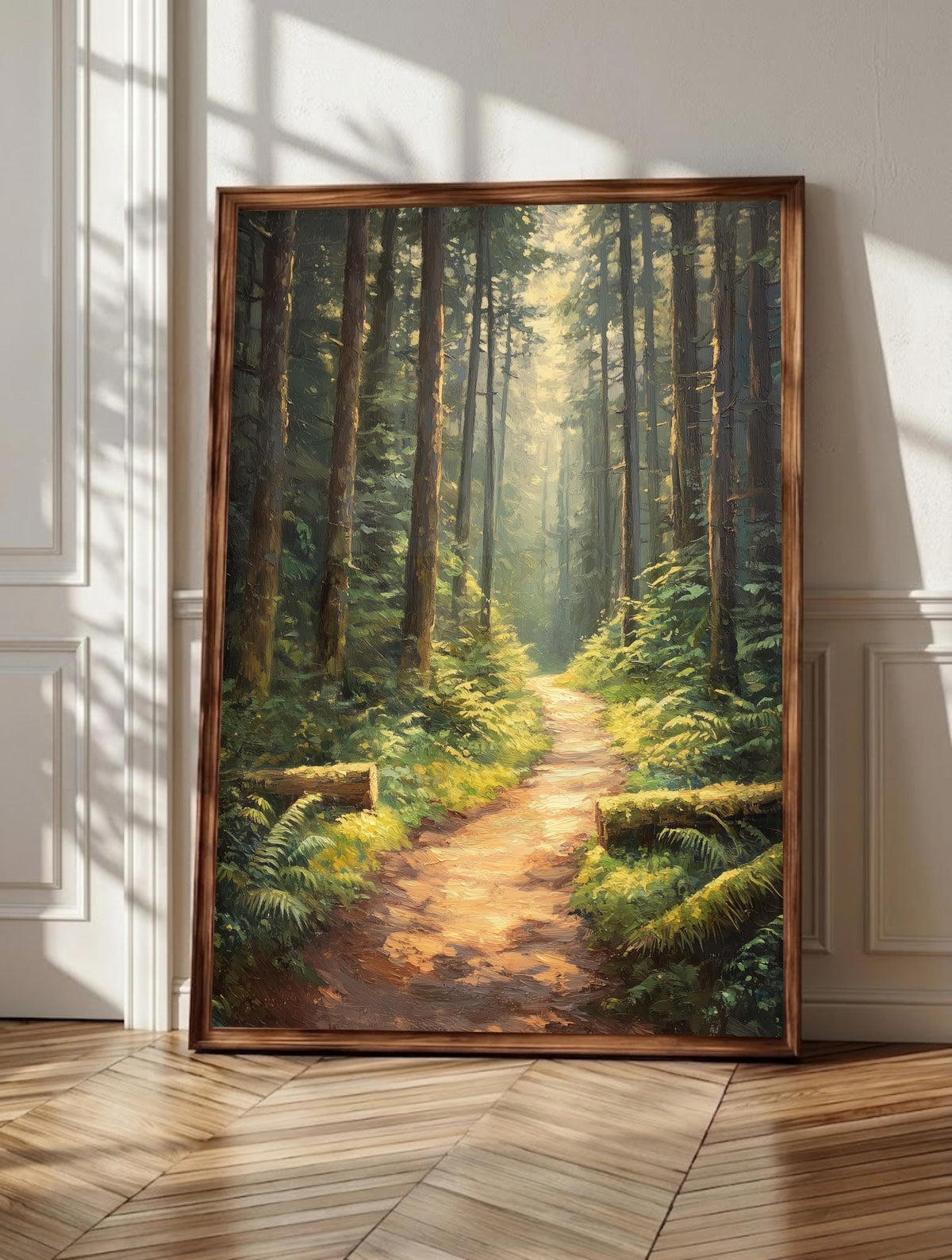 Oregon forest wall art: a trail winding between towering evergreen pines