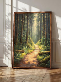 Oregon forest wall art: a trail winding between towering evergreen pines