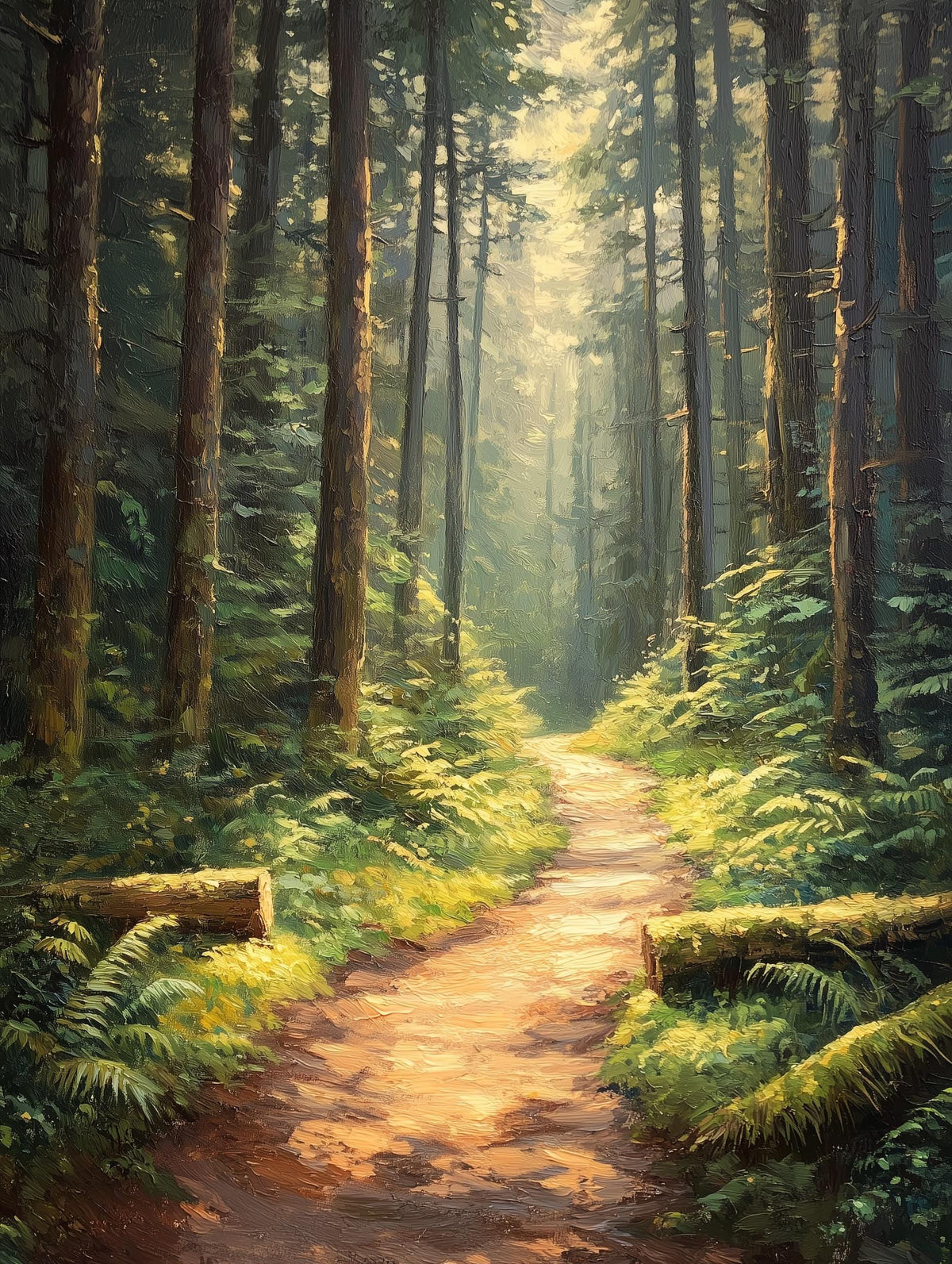Painterly Pacific Northwest canvas print with light breaking through the canopy