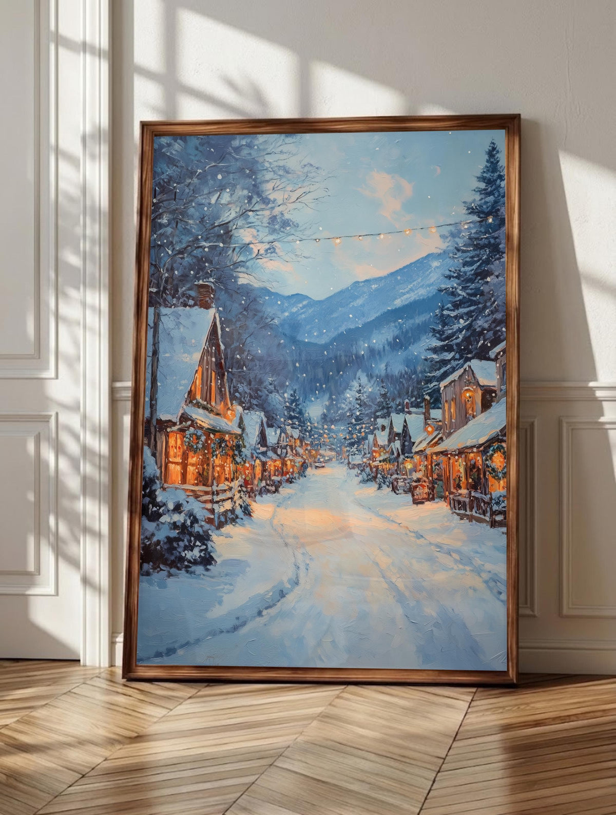 Boone wall art: snow on a Blue Ridge main street with lit shopfronts, framed canvas print