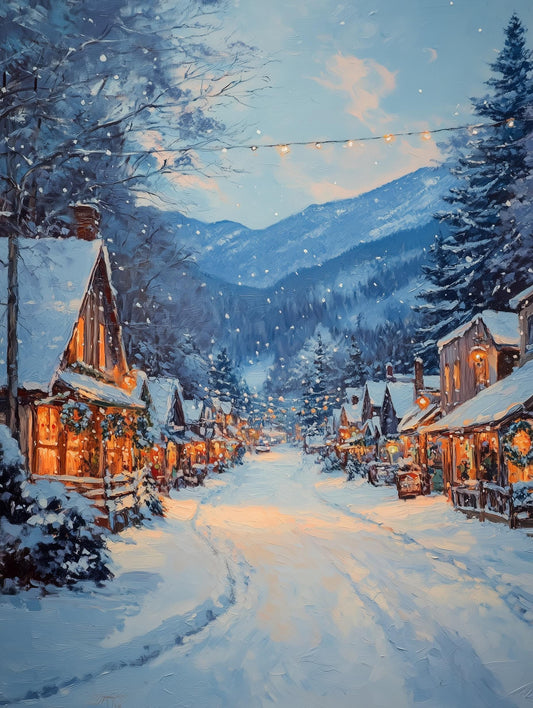 Painterly Boone canvas print with string lights glowing toward the mountains