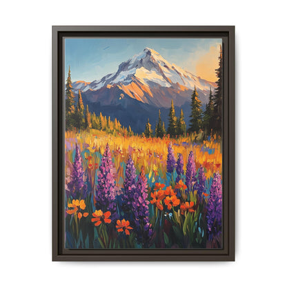 Mount Rainier wall art framed canvas print in an espresso wood frame