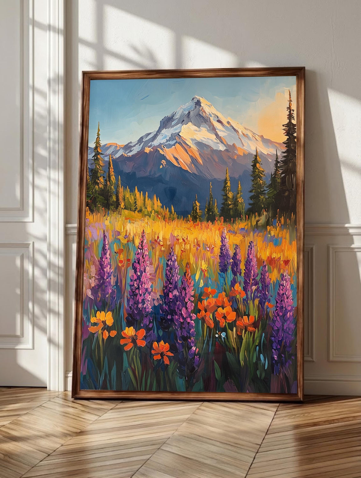 Mount Rainier wall art: the snowy peak above a lupine alpine meadow, framed canvas print