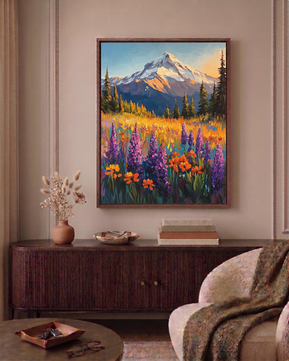 Painterly park scene in purple lupine and glacier white, made to order framed canvas