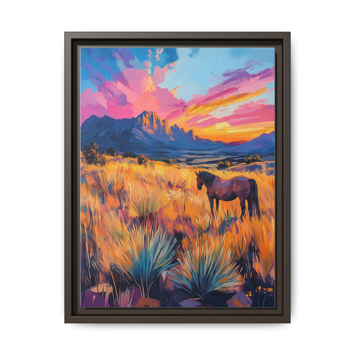 Sandia Mountains wall art framed canvas print in an espresso wood frame