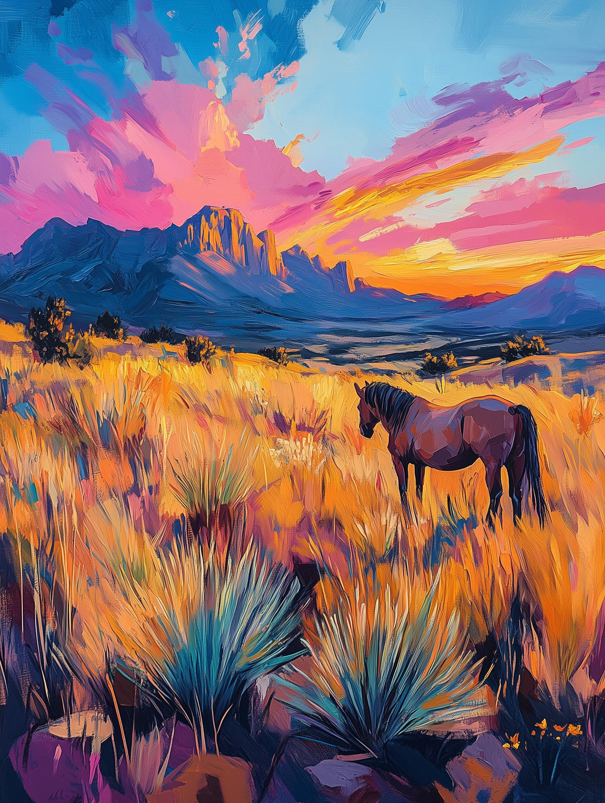 Albuquerque desert canvas print with tall yucca painted in loose oil brushwork