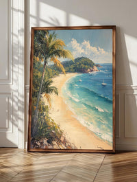 Noosa Heads wall art: palms leaning over a curve of white Australian sand