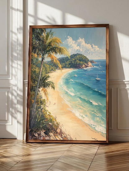 Noosa Heads wall art: palms leaning over a curve of white Australian sand