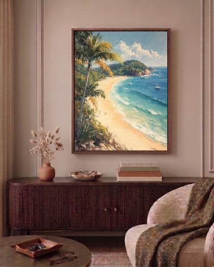 Oil-painting style coastal print in a solid wood frame, made to order