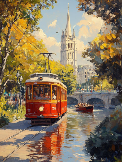 Painterly New Zealand canvas print with the spire above golden autumn trees