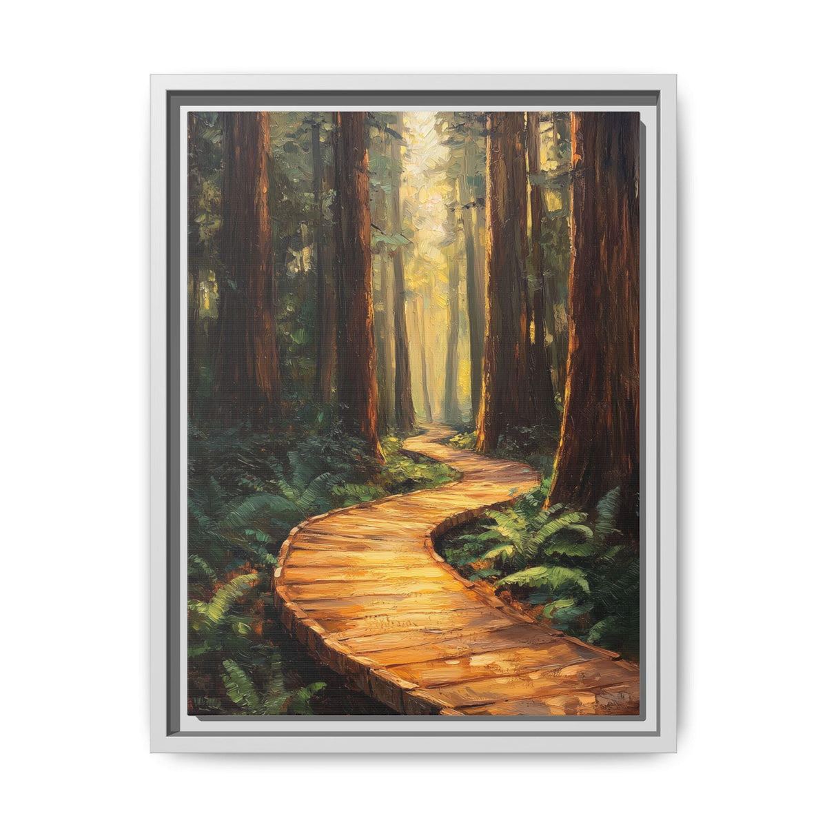 Muir Woods wall art framed canvas print in a white wood frame
