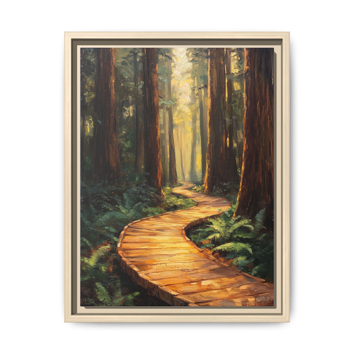 Muir Woods wall art framed canvas print in a natural wood frame