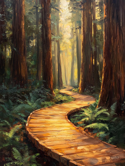 Painterly forest scene with morning sun filtering down through mist