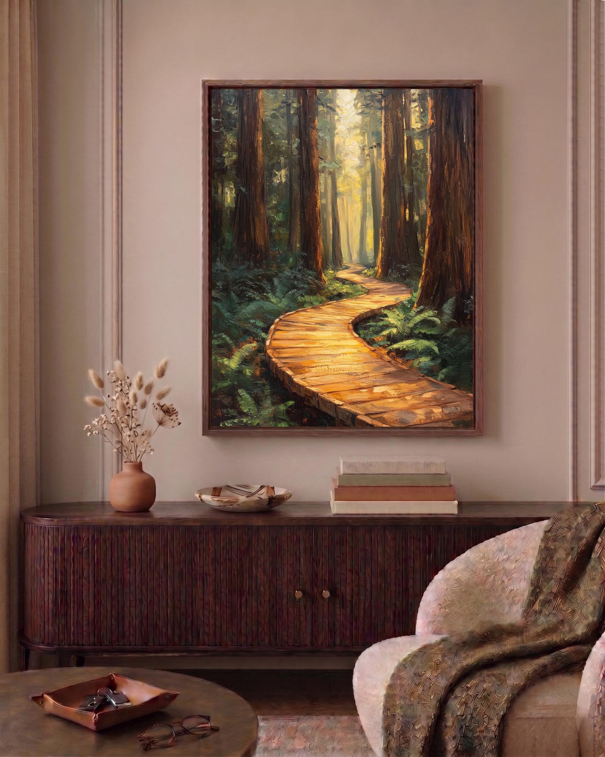 Oil-painting style woodland study in deep green and soft gold, made to order