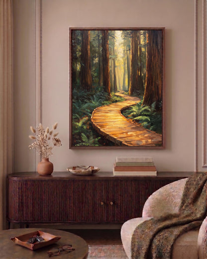 Oil-painting style woodland study in deep green and soft gold, made to order