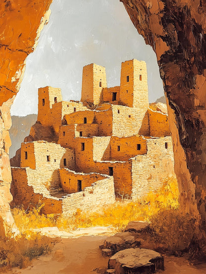Oil-style Colorado landscape painting with sunlit ancient stone walls