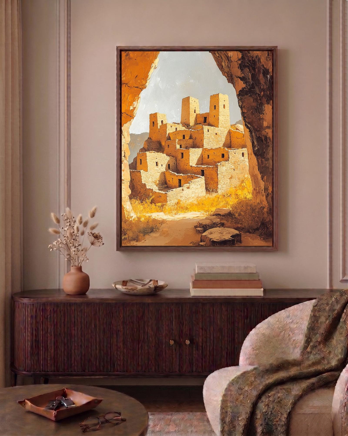 Painterly national park scene in ochre, rust and desert shadow, ready to hang