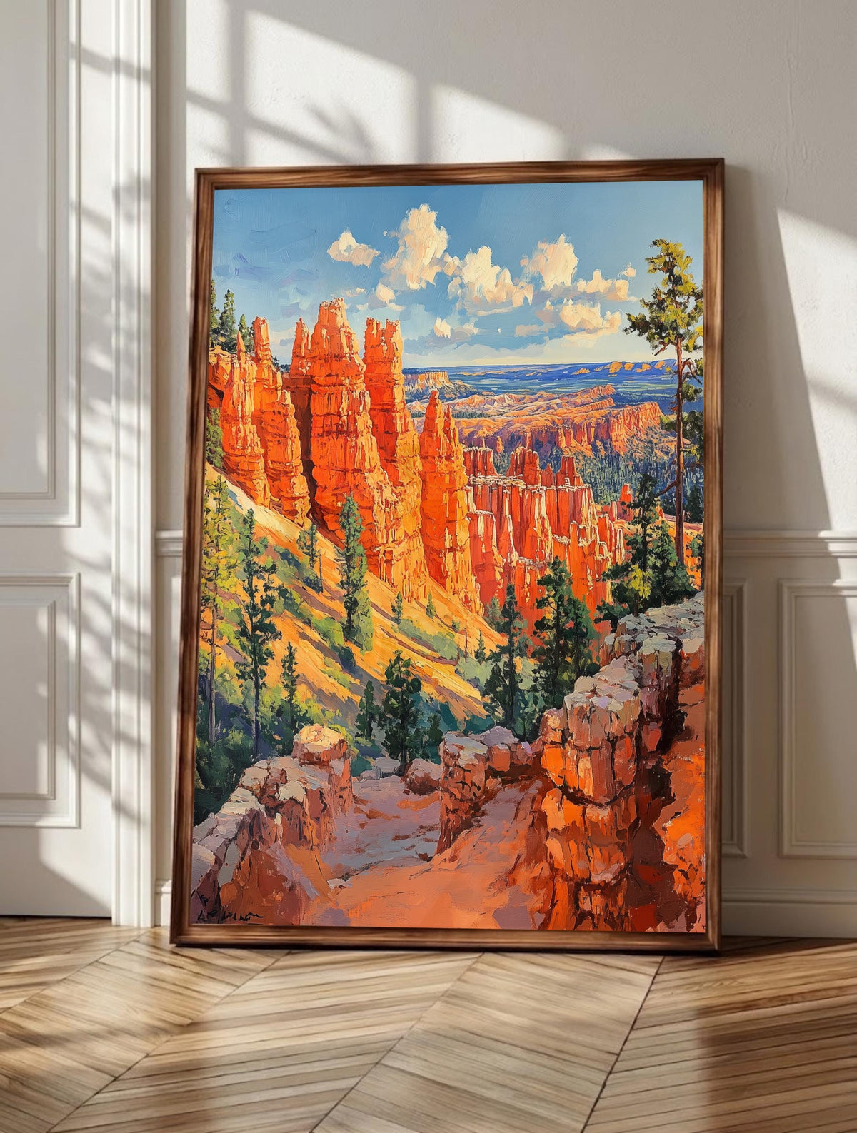 Bryce Canyon wall art: red-orange hoodoo spires rising from a sunlit amphitheater, framed canvas