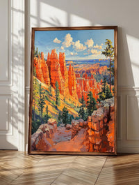 Bryce Canyon wall art: red-orange hoodoo spires rising from a sunlit amphitheater, framed canvas