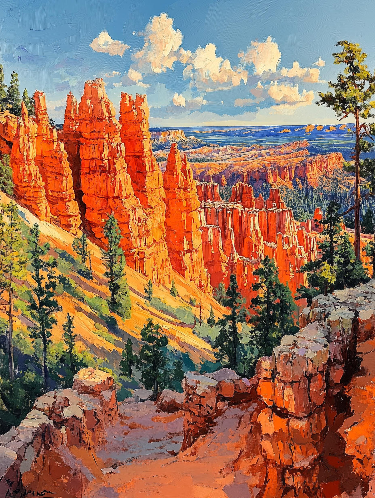 Painterly Utah canvas print with pines clinging to the hoodoo slopes