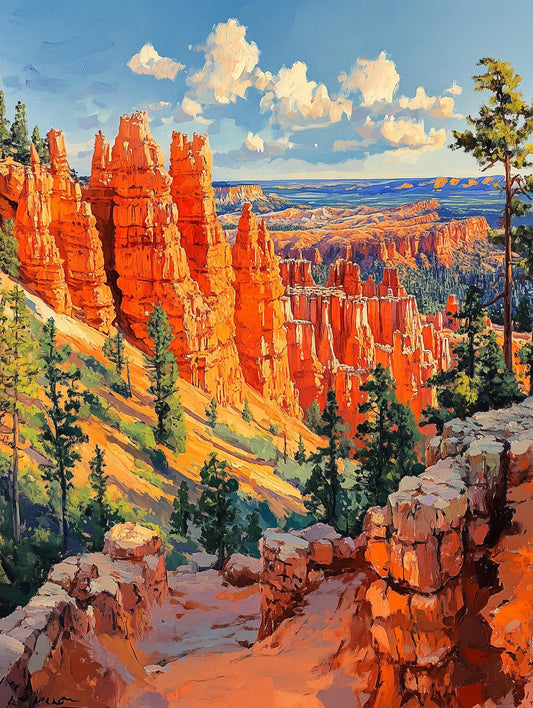 Painterly Utah canvas print with pines clinging to the hoodoo slopes