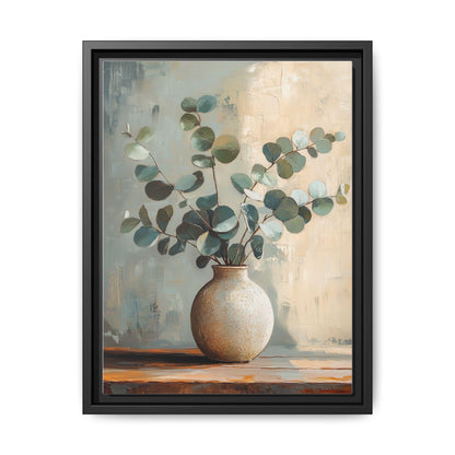 Eucalyptus wall art framed canvas print in a black wood frame