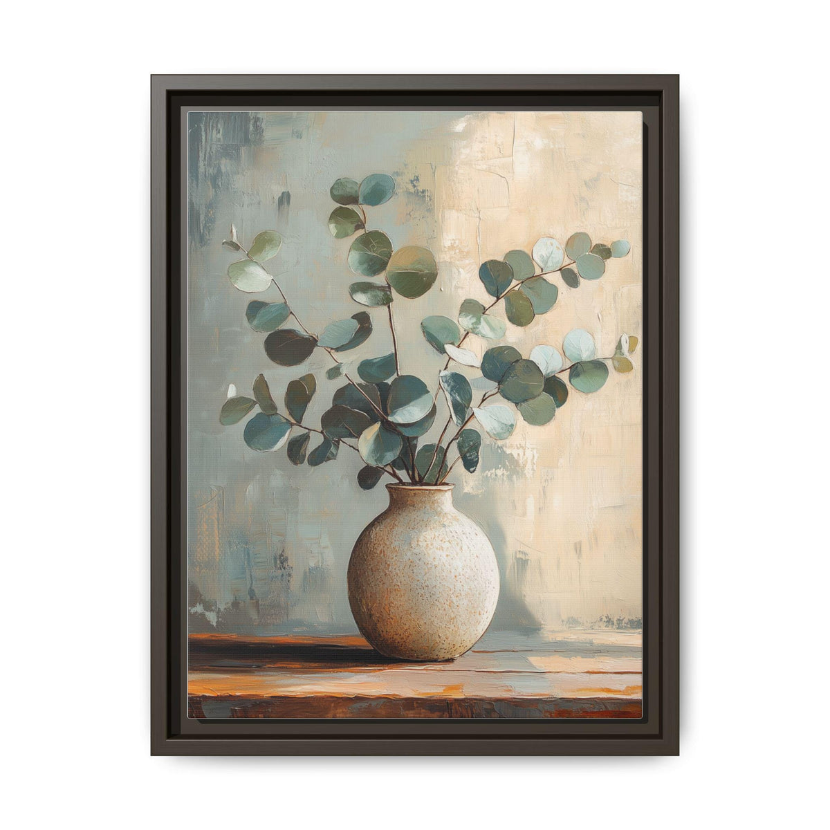 Eucalyptus wall art framed canvas print in an espresso wood frame