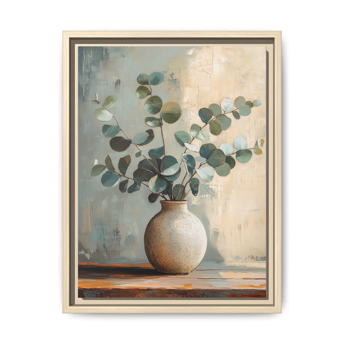 Eucalyptus wall art framed canvas print in a natural wood frame
