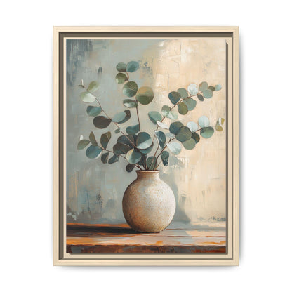 Eucalyptus wall art framed canvas print in a natural wood frame