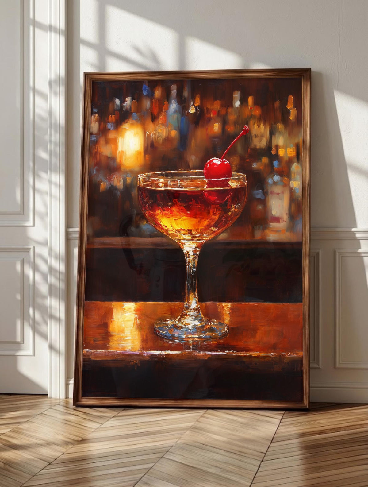 Manhattan wall art: an amber-red cocktail in a coupe with a cherry on the rim