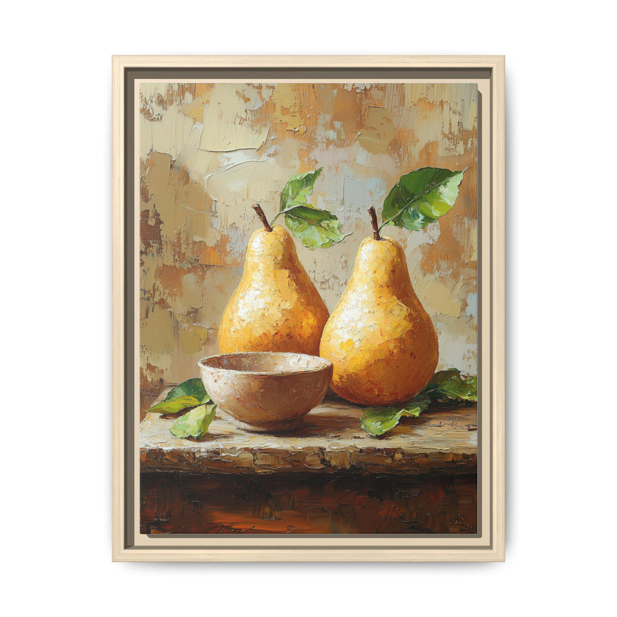 Pear wall art framed canvas print in a natural wood frame