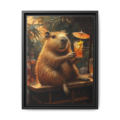 Capybara wall art framed canvas print in a black wood frame