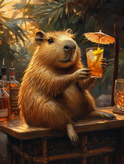Painterly capybara canvas print with a paper umbrella and pineapple wedge