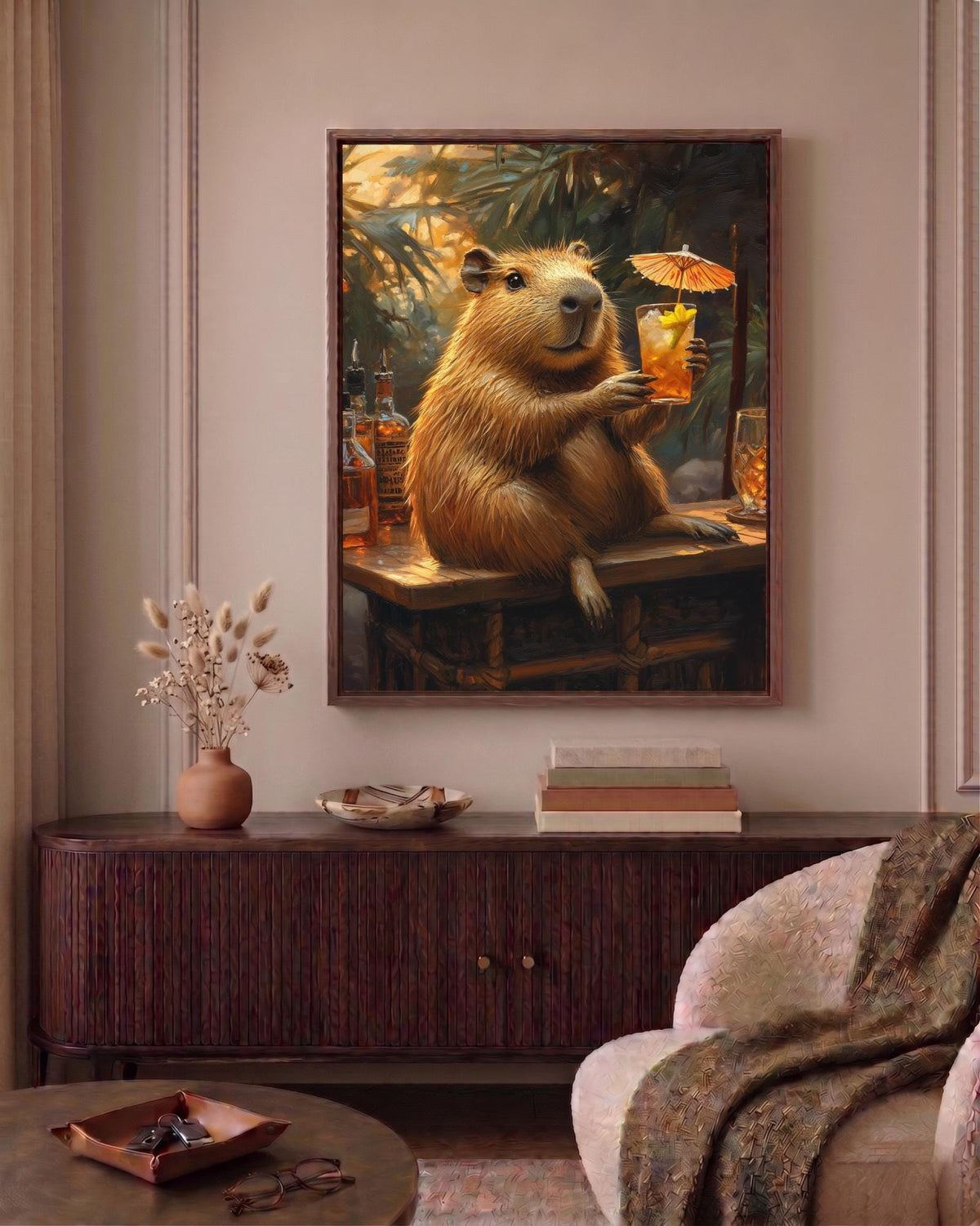 Oil-painting style tiki capybara printed on cotton canvas, made to order
