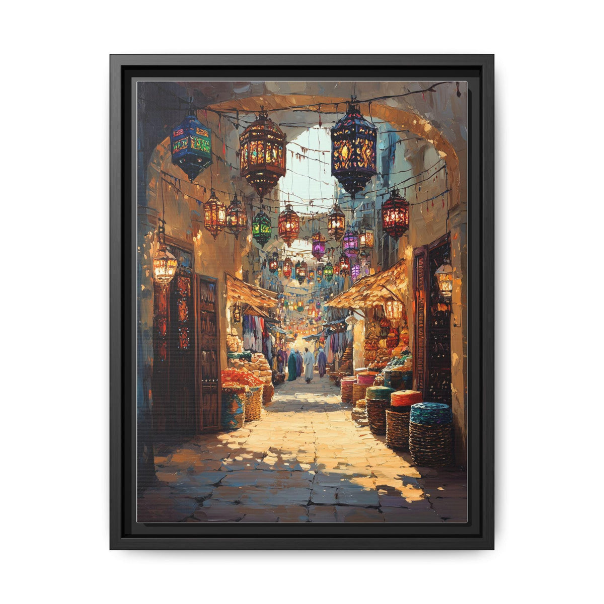 Souq Waqif wall art framed canvas print in a black wood frame