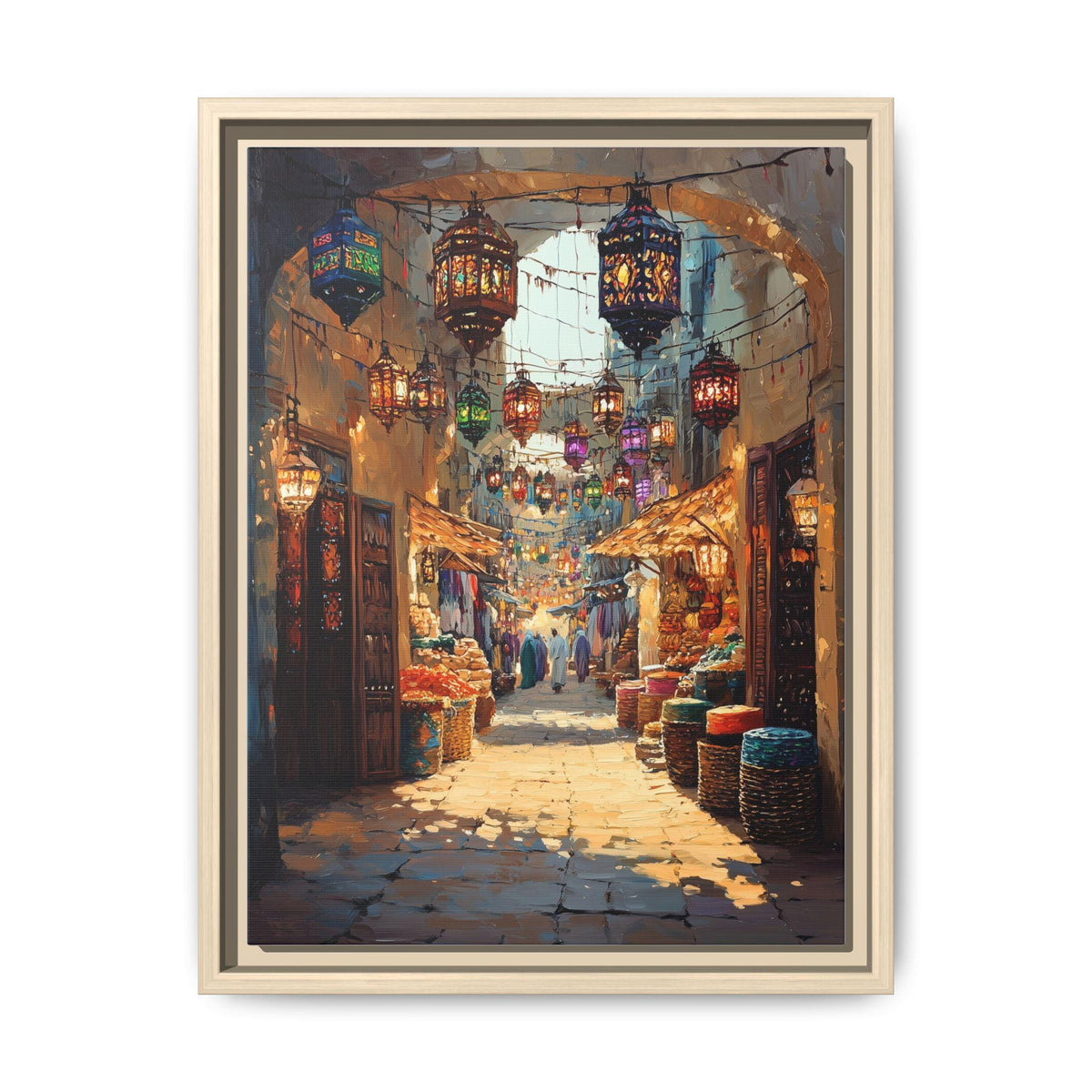 Souq Waqif wall art framed canvas print in a natural wood frame