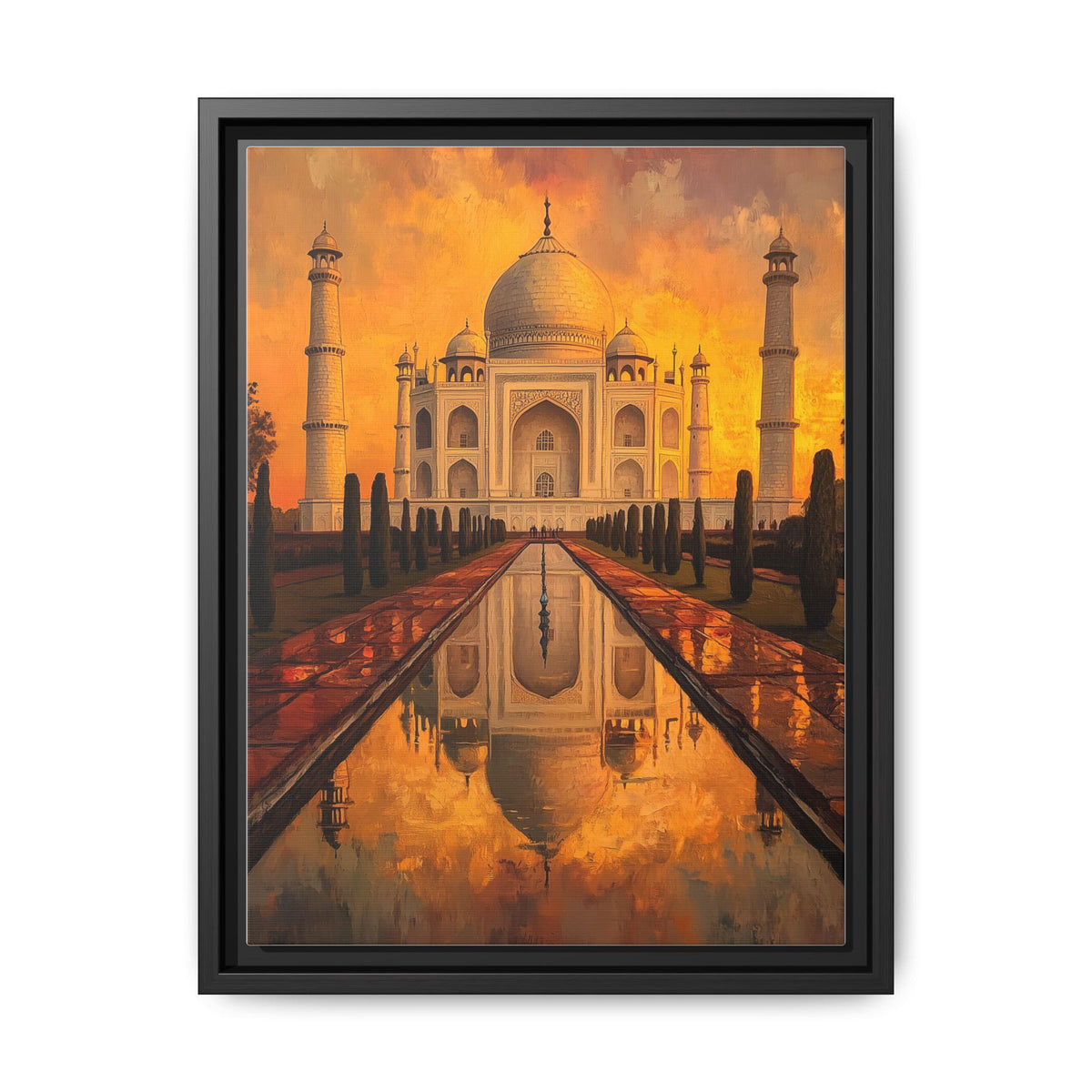 Taj Mahal wall art framed canvas print in a black wood frame