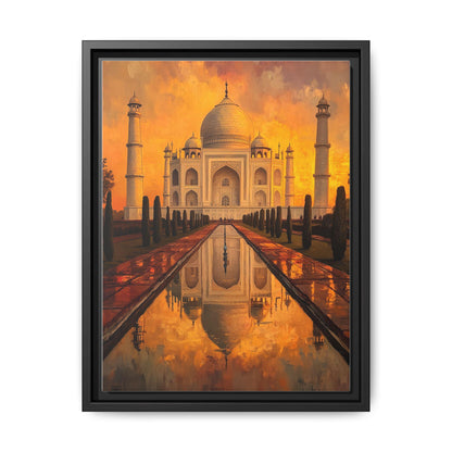 Taj Mahal wall art framed canvas print in a black wood frame
