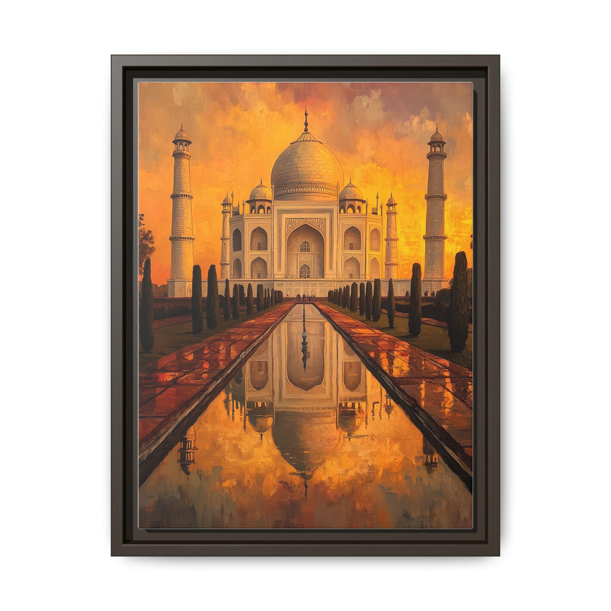 Taj Mahal wall art framed canvas print in an espresso wood frame