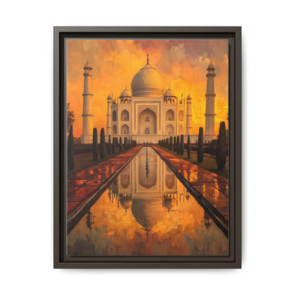 Taj Mahal wall art framed canvas print in an espresso wood frame