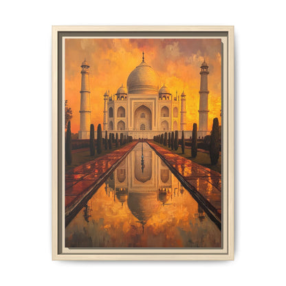 Taj Mahal wall art framed canvas print in a natural wood frame